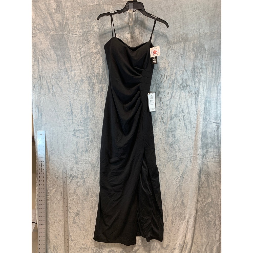 Xscape Black Ruched Spaghetti Strap Maxi Gown with High Slit 6816X Size 6